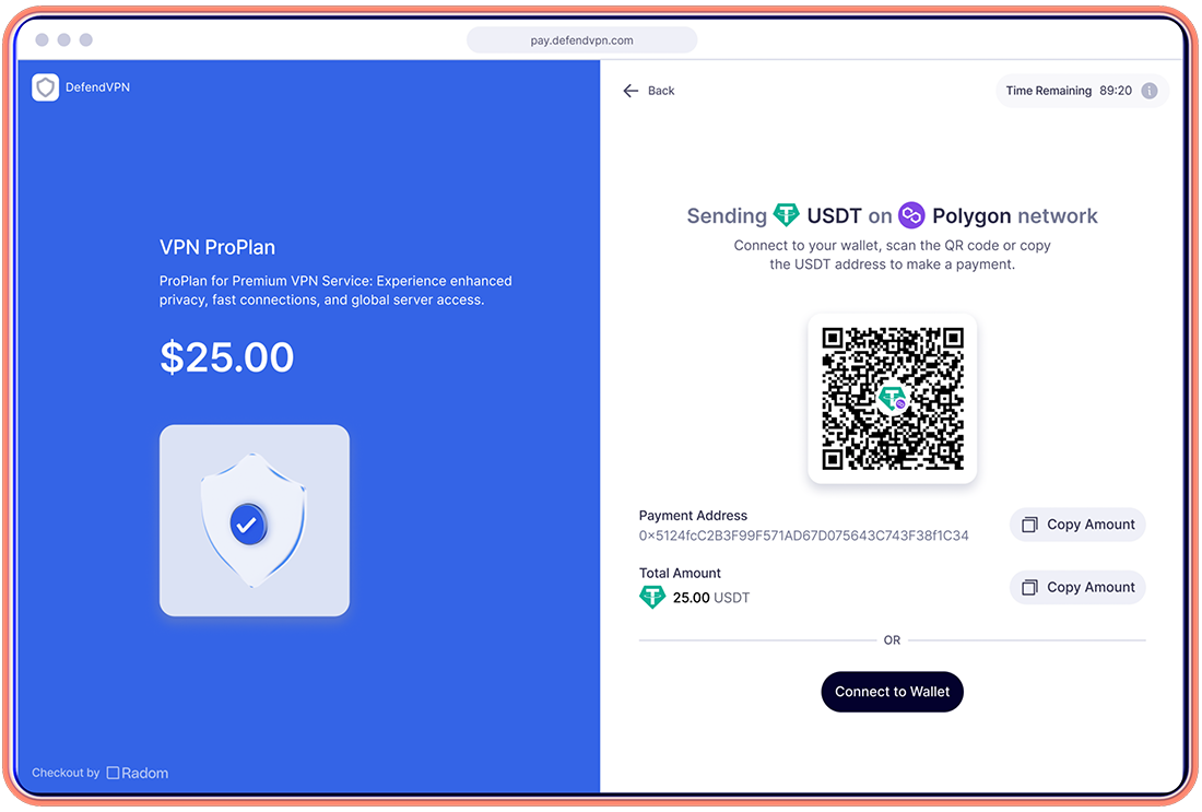 Desktop-Krypto-Checkout: VPN-Abonnement für 25,00 USD/Monat (Fiat), Zahlungsdetails für 25,00 USDT/Monat im Polygon-Netzwerk.